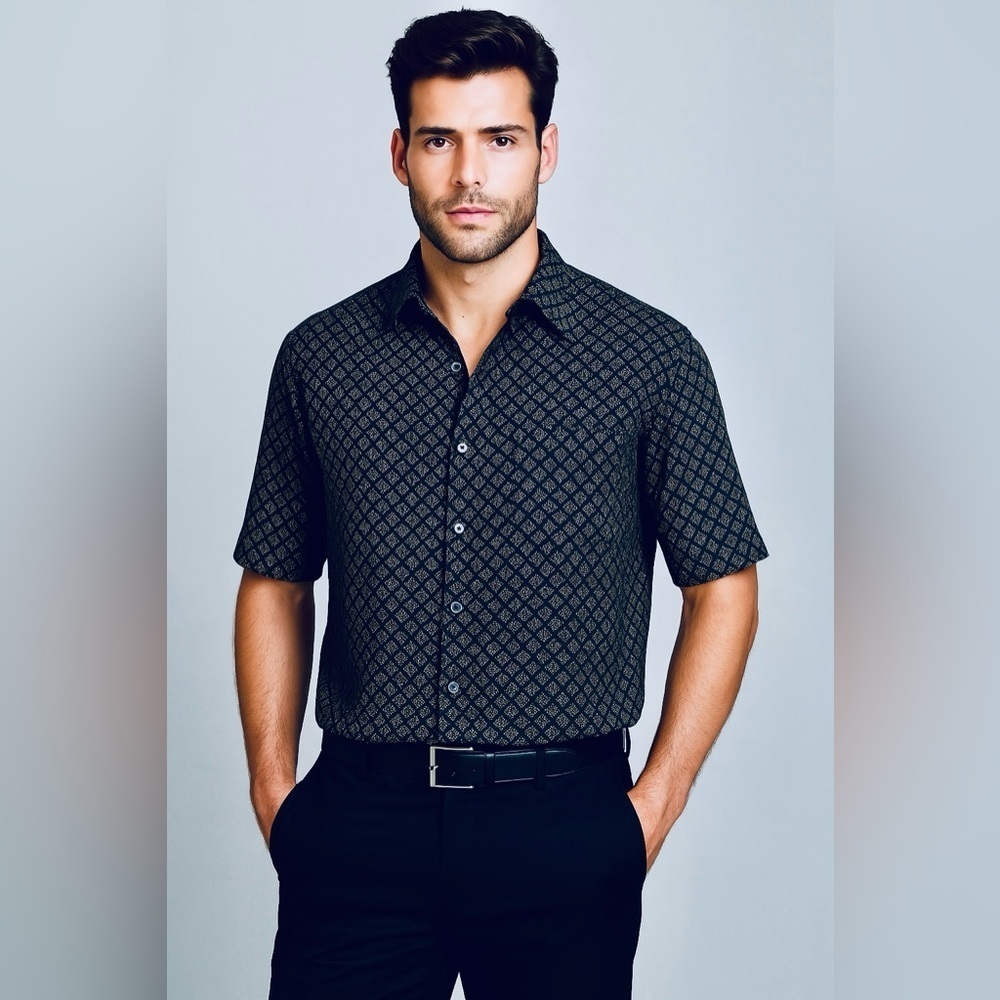 Linea Rosso Silk Blend Button-Up Shirt XL Black Print
